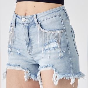 RISEN Rhinestone Chain Fringe Raw Hem Distressed Jean Torn Cut-Off Denim Shorts
